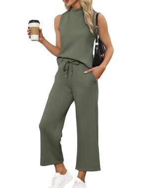 Women's Green Two Piece Set Summer Outfits Lounge Sets Mock Neck Tops Wide Leg